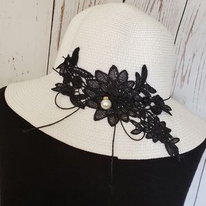 Kara and Kate paper straw hat white with black flower applique and pearl charm